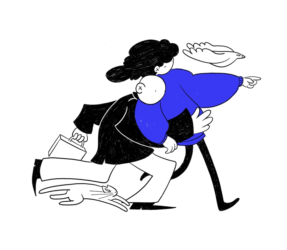 two characters being lead by a bird